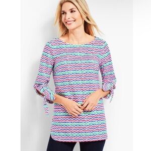 Talbots Women 1XP Petite Cotton Popover Peasant Top Bow 3/4 Sleeve Colorful